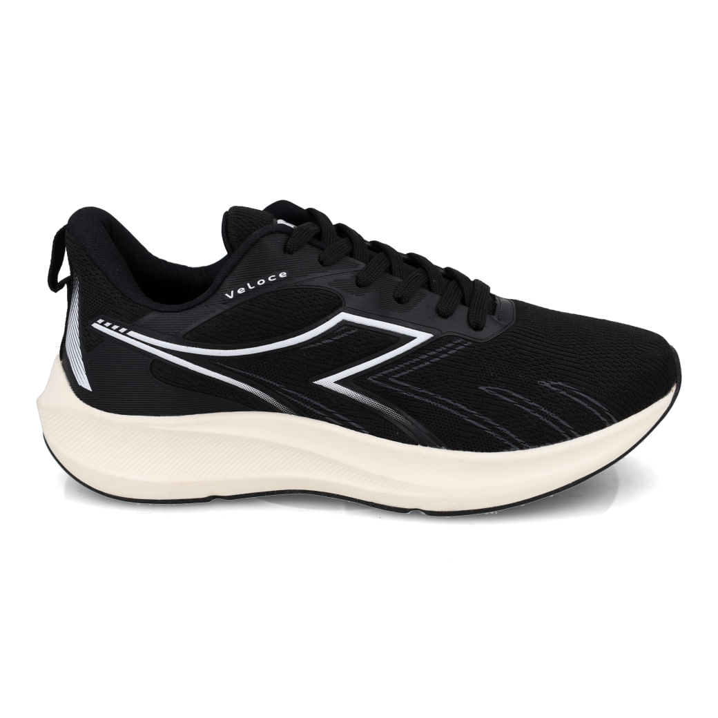 Tênis de corrida Diadora Veloce masculino preto com detalhes em branco, design moderno e solado branco